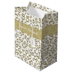 Happy 35th Birthday Number Pattern Gold/White Medium Cadeauzakje