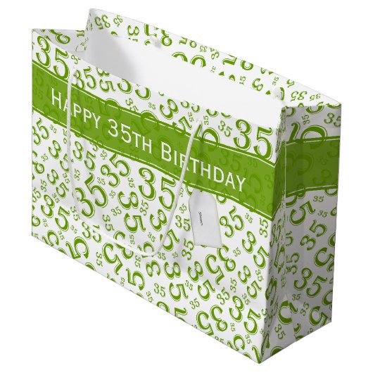 Happy 35th Birthday Number Pattern Green/White Groot Cadeauzakje (Voorkant Gekanteld)
