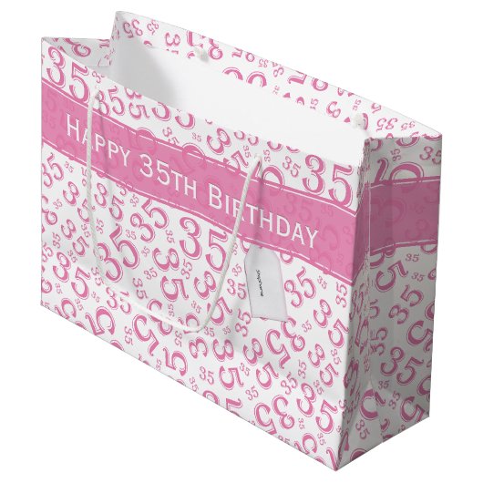 Happy 35th Birthday Number Pattern Pink/White Groot Cadeauzakje (Voorkant Gekanteld)