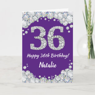 Happy 36th Birthday Paars en Silver Glitter Card Kaart