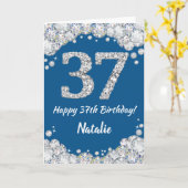 Happy 37th Birthday Blue en Silver Glitter Card Kaart (Gele Bloem)