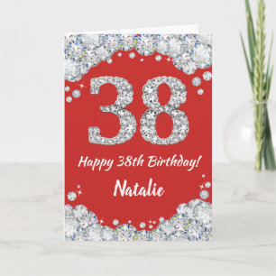 Happy 38th Birthday Red en Silver Glitter Card Kaart