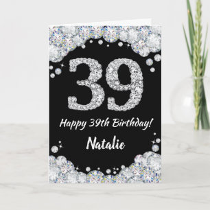 Happy 39th Birthday Black en Silver Glitter Card Kaart