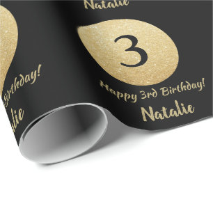 Happy 3rd Birthday Black en Gold Glitter Cadeaupapier