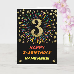 Happy 3rd Birthday Black & Gold Rainbow Fireworks Kaart