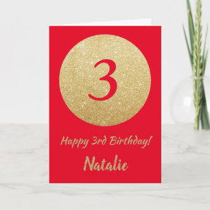 Happy 3rd Birthday Red en Gold Glitter Card Kaart
