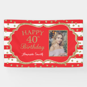 Happy 40th Birthday Banner Red Gold Glitter Foto