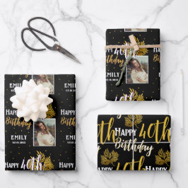 Happy 40th Birthday Black Gold Foliage Photo  Inpakpapier Vel