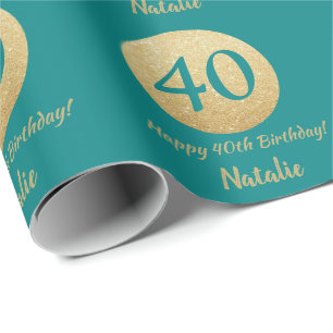 Happy 40th Birthday Blauwgroen en Gold Glitter Cadeaupapier