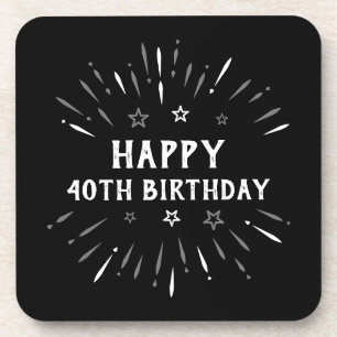 Happy 40th Birthday Fireworks Black White Grey Bier Onderzetter