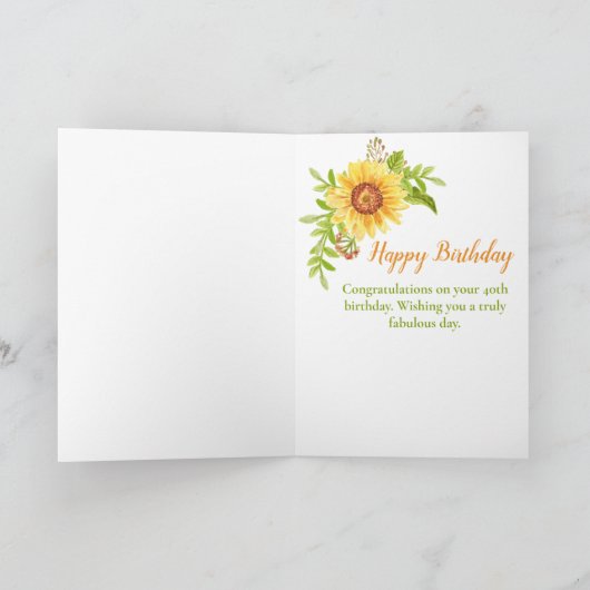 Happy 40th Birthday Floral Sunflower Kaart (Binnen)