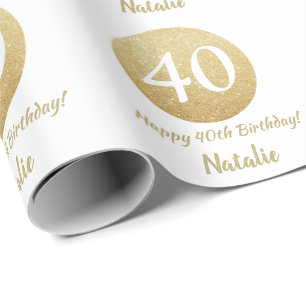 Happy 40th Birthday Gold Glitter en White Cadeaupapier