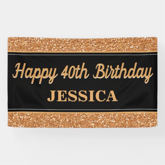 Happy 40th Birthday Gold Glitter Zwart Spandoek (Horizontaal)