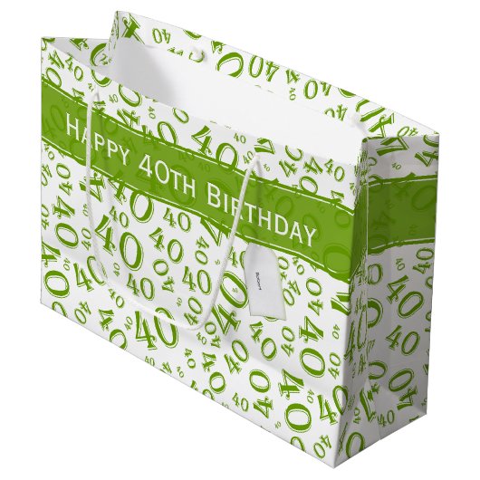 Happy 40th Birthday Number Pattern Green and White Groot Cadeauzakje (Voorkant Gekanteld)
