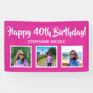 Happy 40th Birthday Pink Gepersonaliseerde 3 foto' Spandoek