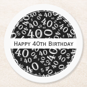 "Happy 40th Birthday" - Thema van de zwarte/witte  Ronde Kartonnen Onderzetter