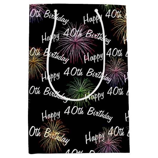 Happy 40th Birthday vuurwerk op zwart Medium Cadeauzakje (Voorkant)