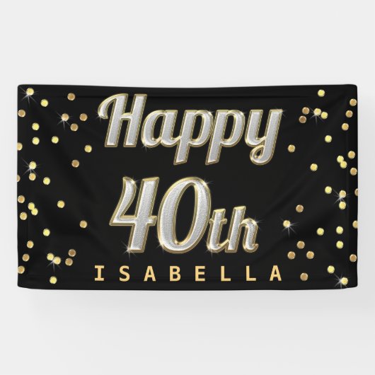 Happy 40th Bling Typography Gold Confetti Black Spandoek (Horizontaal)