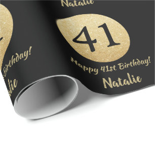 Happy 41st Birthday Black en Gold Glitter Cadeaupapier
