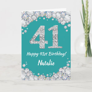 Happy 41st Birthday Blauwgroen en Silver Glitter C Kaart