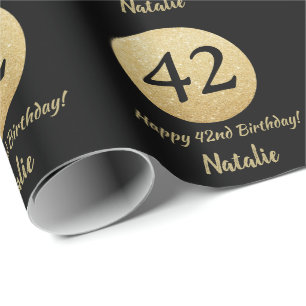Happy 42e verjaardag Black en Gold Glitter Cadeaupapier