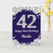 Happy 42e verjaardag Navy Blue en Silver Glitter Kaart (Gele Bloem)