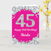 Happy 45th Birthday Hot Pink en Silver Glitter Kaart (Gele Bloem)