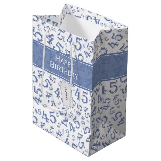 Happy 45th Birthday Number Pattern Blue/White Medium Cadeauzakje (Voorkant Gekanteld)