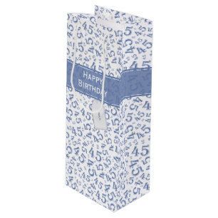 Happy 45th Birthday Number Pattern Blue/White Wijn Cadeautas