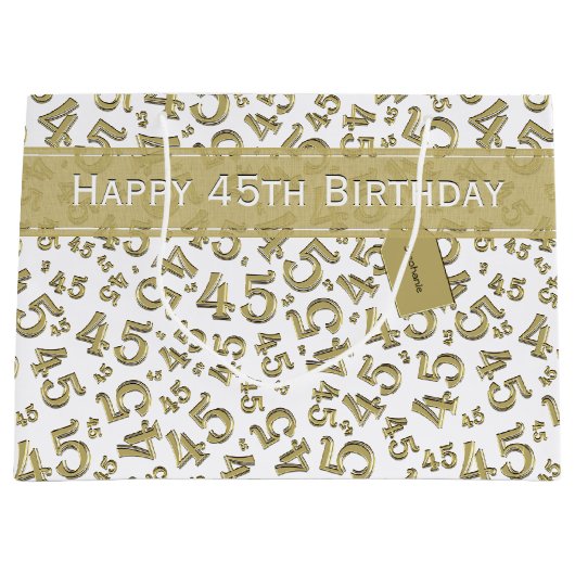 Happy 45th Birthday Number Pattern Gold/White Groot Cadeauzakje (Voorkant)
