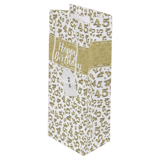 Happy 45th Birthday Number Pattern Gold/White Wijn Cadeautas (Voorkant Gekanteld)