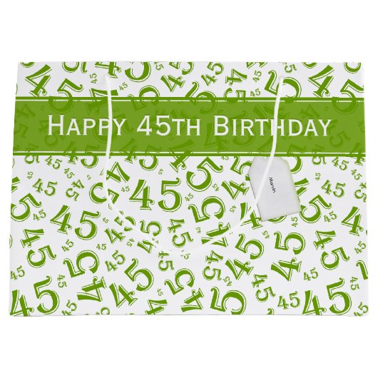 Happy 45th Birthday Number Pattern Green/White Groot Cadeauzakje (Voorkant)