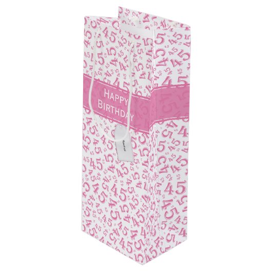 Happy 45th Birthday Number Pattern Pink/White Wijn Cadeautas (Voorkant Gekanteld)