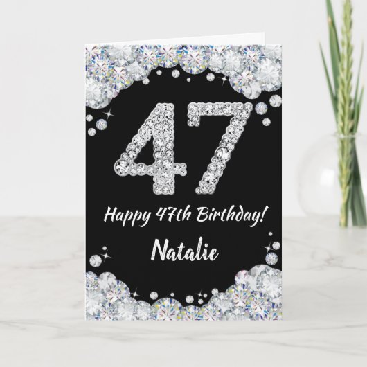 Happy 47th Birthday Black en Silver Glitter Card Kaart (Voorkant)
