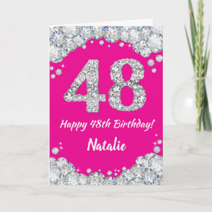 Happy 48th Birthday Hot Pink en Silver Glitter Kaart
