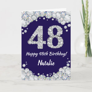 Happy 48th Birthday Navy Blue en Silver Glitter Kaart