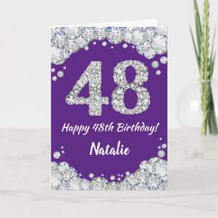 Happy 48th Birthday Paars en Silver Glitter Card Kaart