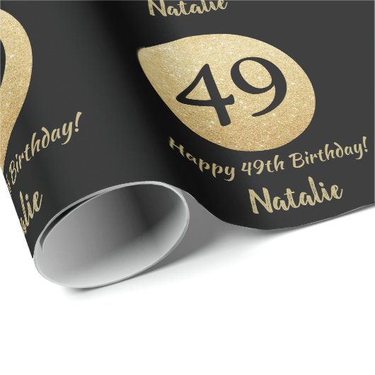 Happy 49th Birthday Black en Gold Glitter Cadeaupapier (Rol Hoek)