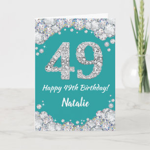 Happy 49th Birthday Blauwgroen en Silver Glitter C Kaart