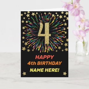 Happy 4th Birthday Black & Gold Rainbow Fireworks Kaart