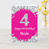 Happy 4th Birthday Hot Pink en Silver Glitter Kaart (Gele Bloem)