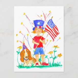 Happy 4th of July Patriotic Girl Hound Dog Briefkaart