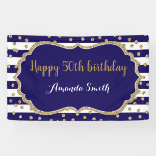 Happy 50th Birthday Banner. Navy Blue Gold Glitter Spandoek