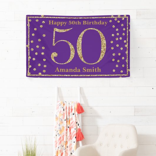 Happy 50th Birthday Banner Paars en Gold Glitter (Insitu)