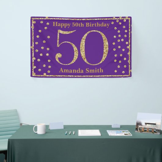 Happy 50th Birthday Banner Paars en Gold Glitter (Beurs)