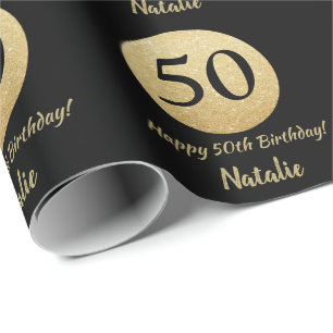 Happy 50th Birthday Black en Gold Glitter Cadeaupapier