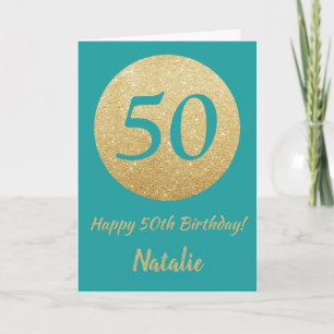 Happy 50th Birthday Blauwgroen en Gold Glitter Car Kaart
