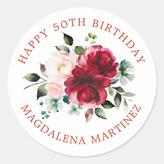 Happy 50th Birthday Floral Custom Envelope Seal Ronde Sticker (Voorkant)