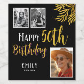 Happy 50th Birthday Gold Foliage 3 Photo  Wijn Etiket (Enkel label)