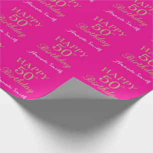 Happy 50th Birthday Gold Glitter en Hot Pink Cadeaupapier